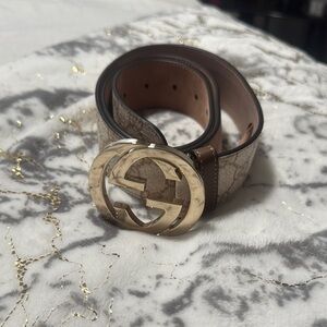 Gucci Beige and Brown Belt with Gold Buckle